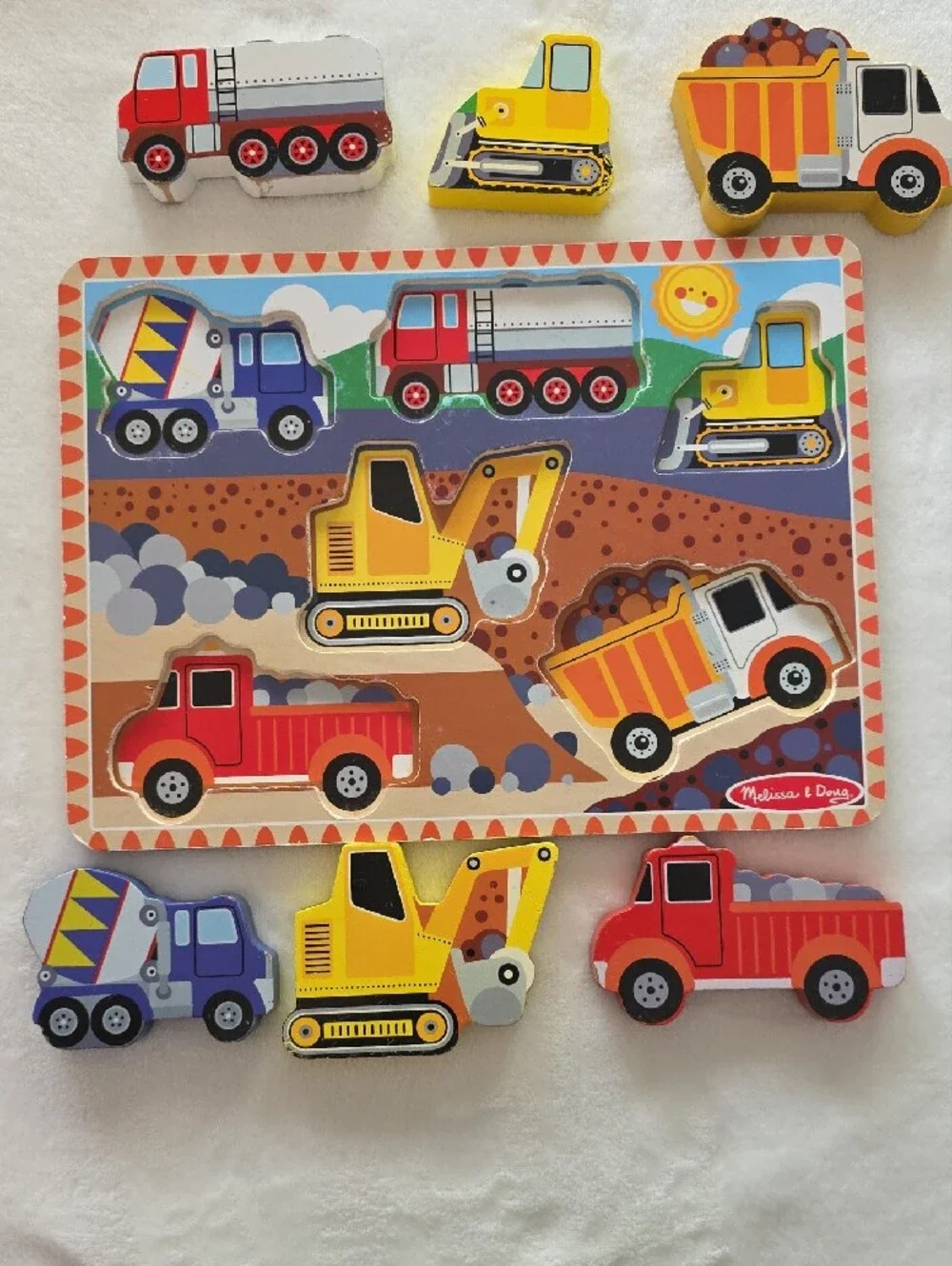 Melissa & Doug Wooden Construction Vehicle Peg Puzzle - Yellow, Red, Blue
